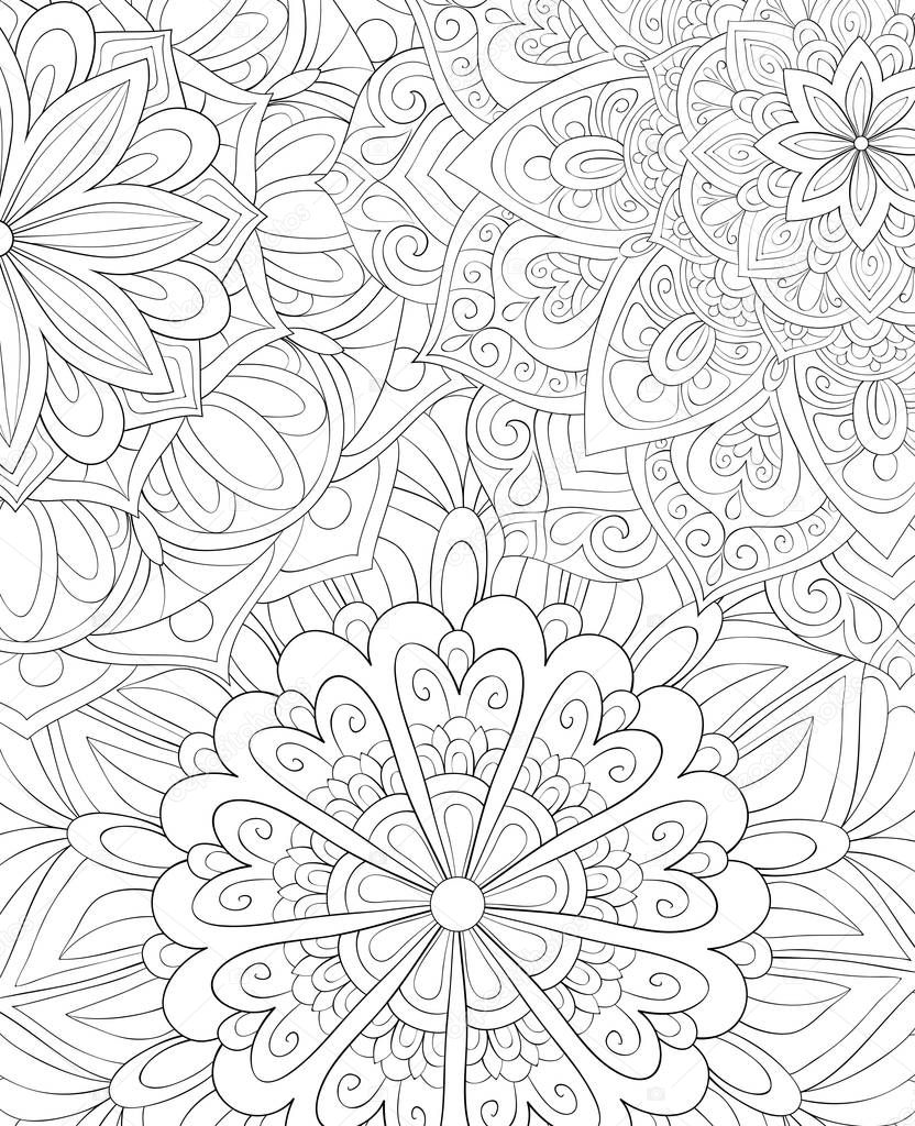 An abstract floral background image for adults.A coloring boo,page for relaxing activity.Zen art style illustration for print.Poster design.