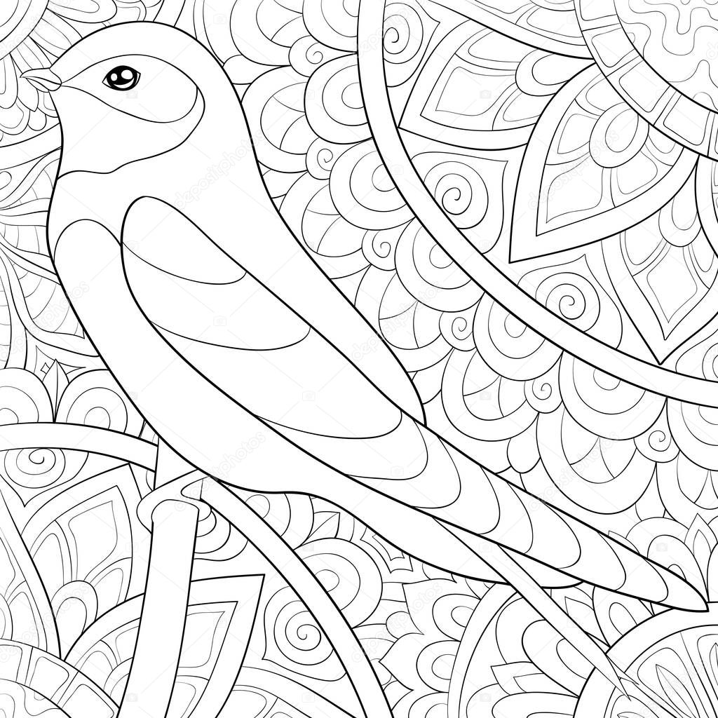 A cute swallow on the brunch on the abstract background with ornaments  image for relaxing activity.A coloring book,page for adults.Zen art style illustration for print.Poster design.