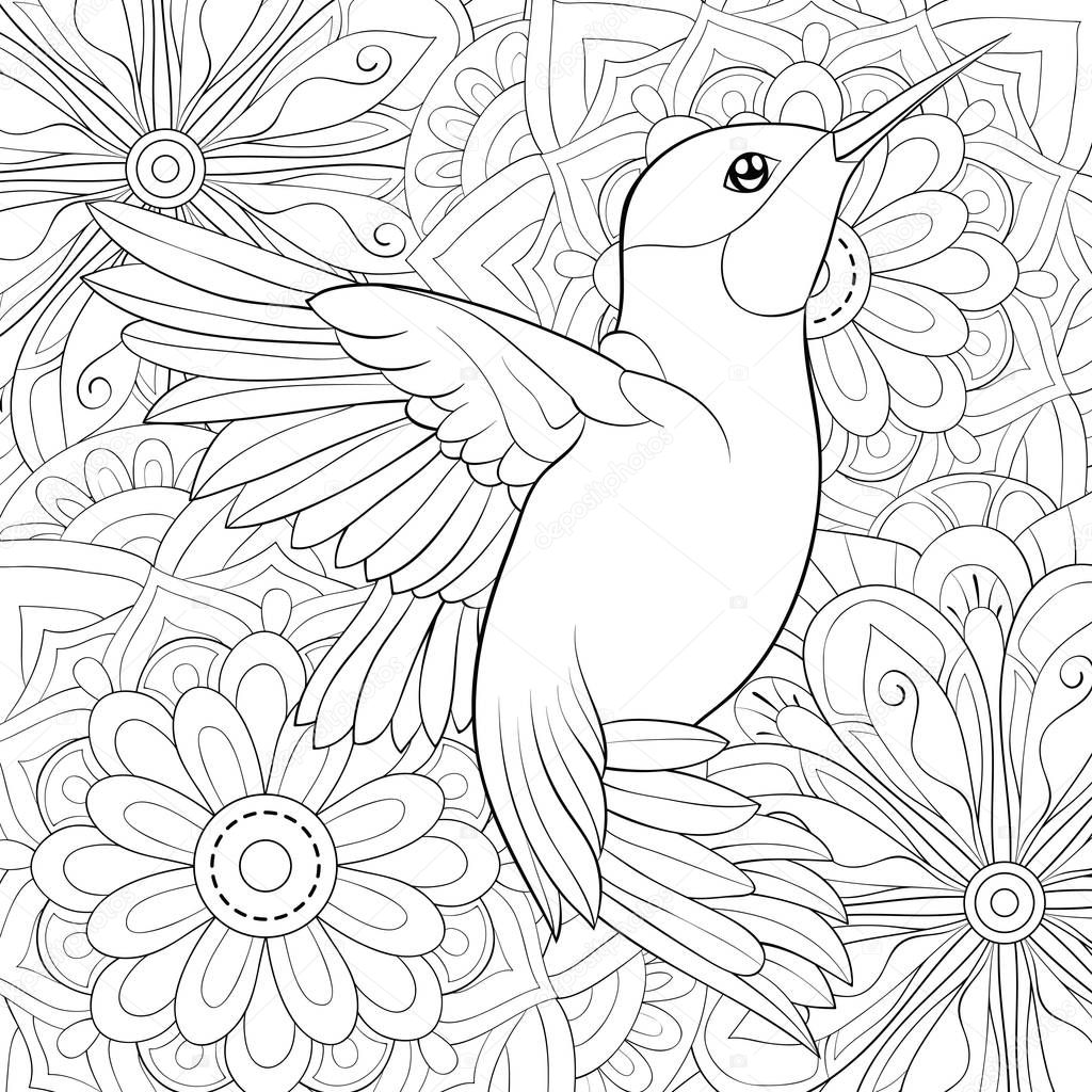 A cute flying hummingbird on the abstract floral background with ornaments image for relaxing.A coloring book,page for adults.Zen art style illustration for print.Poster design.