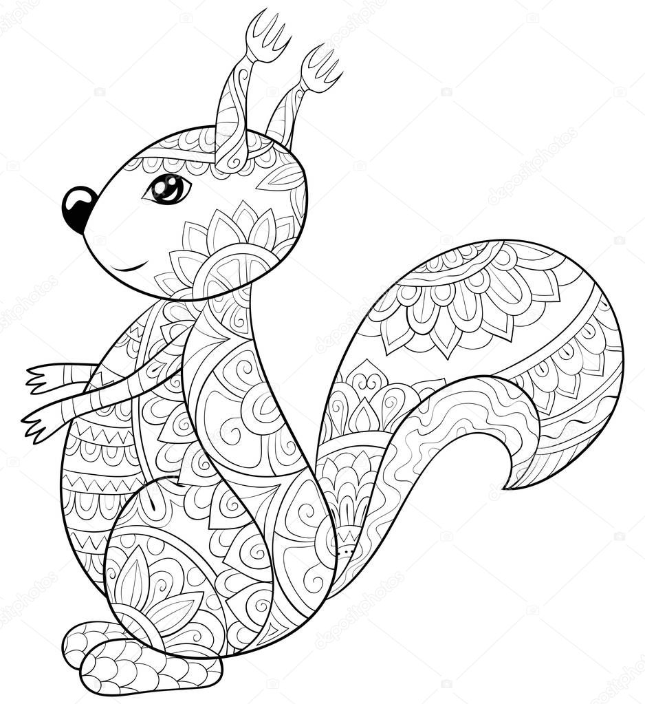 A cute cartoon squirrel with ornaments  image for relaxing activity.A coloring book,page for adults.Zen art style illustration for print.Poster design.