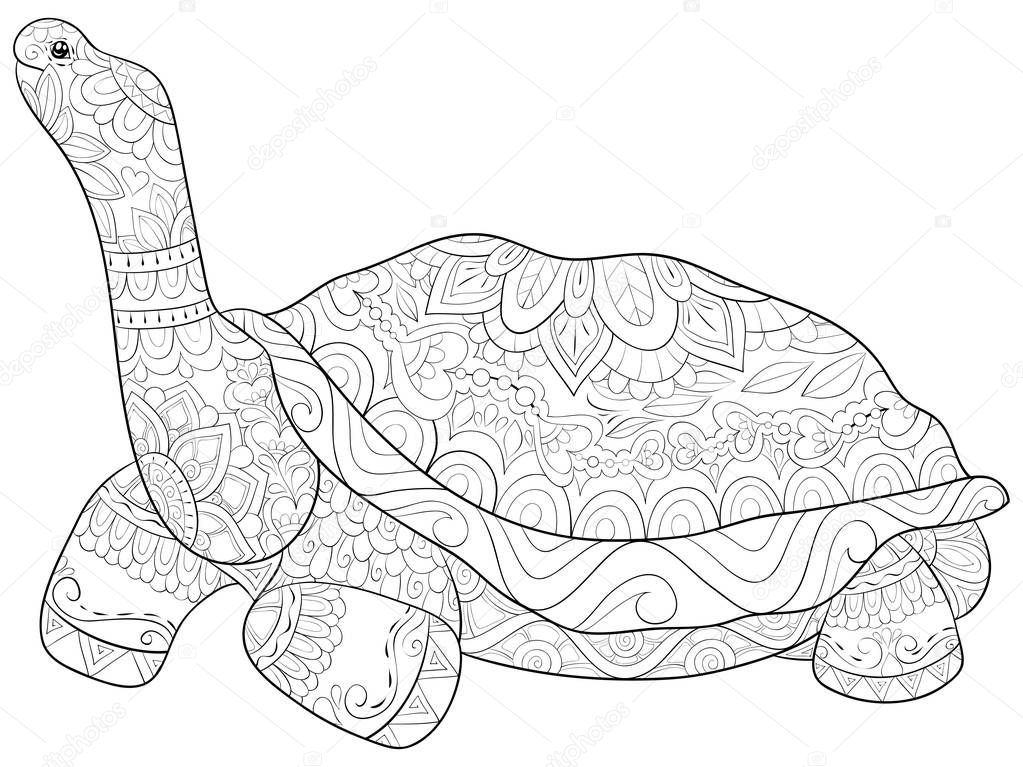 A cute turtle with ornaments image for relaxing activity.A coloring book,page for adults.Zen art style illustration for print.Poster design.