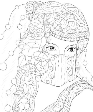 Rahatlamak için süsler görüntü ile şirin bir zarif kız etkinlik. Bir boyama kitabı, sayfa yetişkinler için. Zen sanat stil illüstrasyon baskı için. Afiş tasarımı.