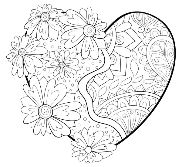 Cute Heart Ornaments Valentine Day Image Adults Coloring Book Page — стоковый вектор