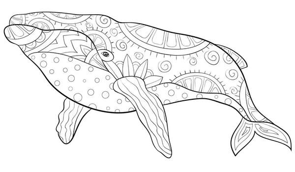 Cute Big Whale Ornaments Image Relaxing Activity Coloring Book Page — стоковый вектор