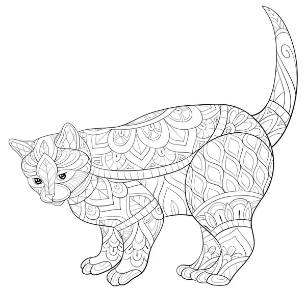 Vuxen målarbok, sida en söt katt med ornament bild för rel — Stock vektor