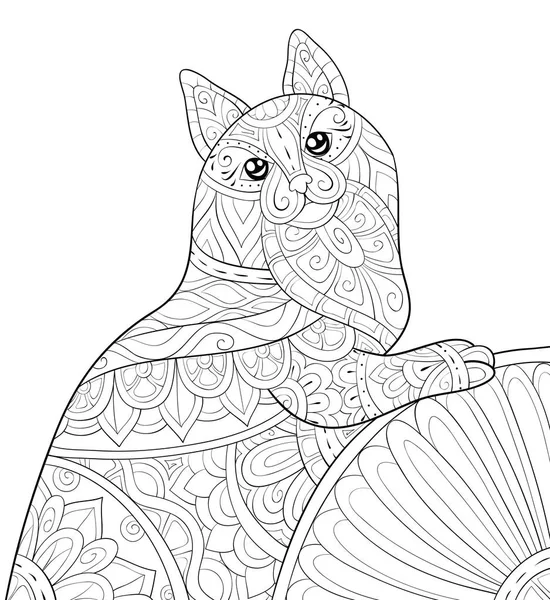 Libro para colorear para adultos, página un gato lindo con adornos imagen para rel — Vector de stock