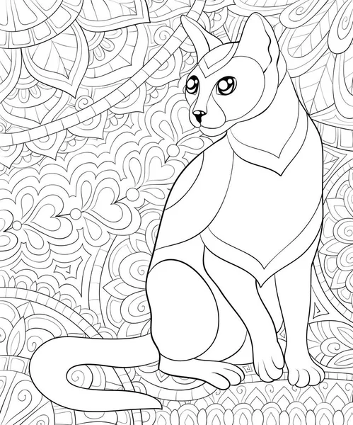 Livre de coloriage adulte, page un chat mignon sur le fond abstrait w — Image vectorielle