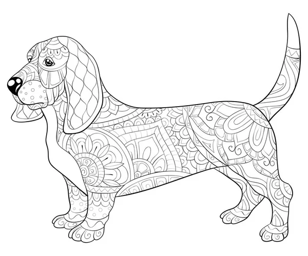 Erwachsene Malbuch, Seite ein süßer Hund mit Ornamenten Bild für rel — Stockvektor
