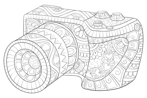 Adult coloring book, page a cute camera with ornaments image for — стоковый вектор