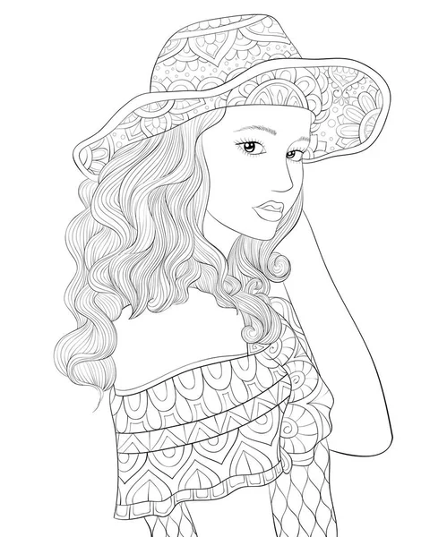 Livro de colorir adulto, página uma menina bonito usando um chapéu com ornamen — Vetor de Stock