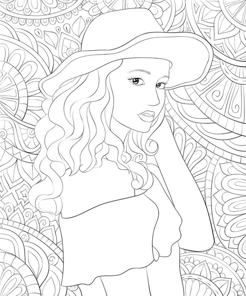 Livro de colorir adulto, página uma menina bonita usando um chapéu na abstra — Vetor de Stock