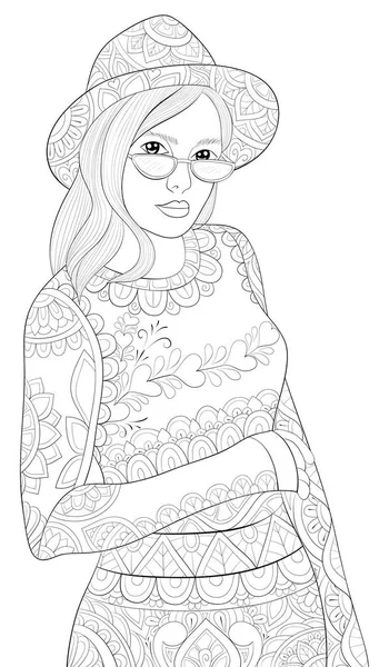 Livro de colorir adulto, página uma menina bonito vestindo um chapéu e sunglasse — Vetor de Stock