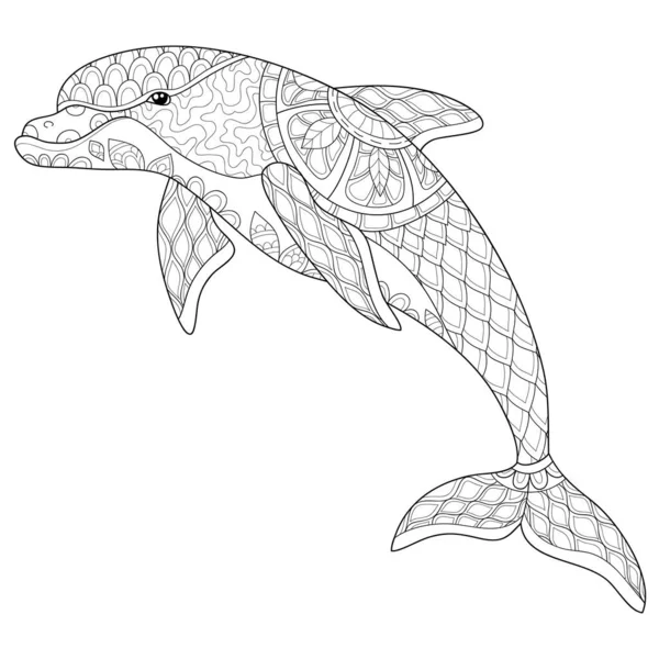 Delfín Lindo Con Imagen Los Ornamentos Para Relajar Página Para — Archivo Imágenes Vectoriales