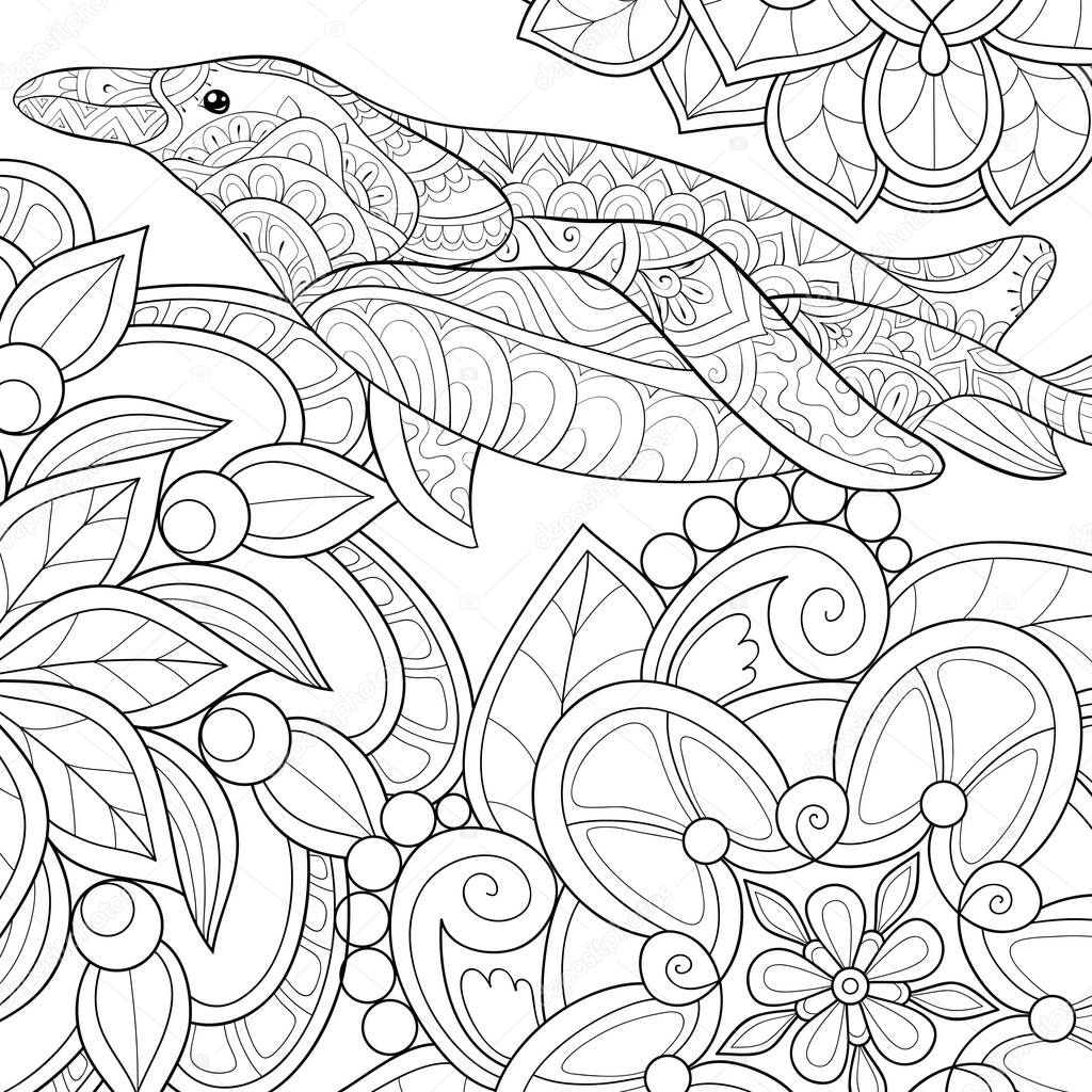 A cute penguin with ornaments on the background  image for relaxing,coloring page for relaxing activity.Zen art style illustration for print.Poster design.