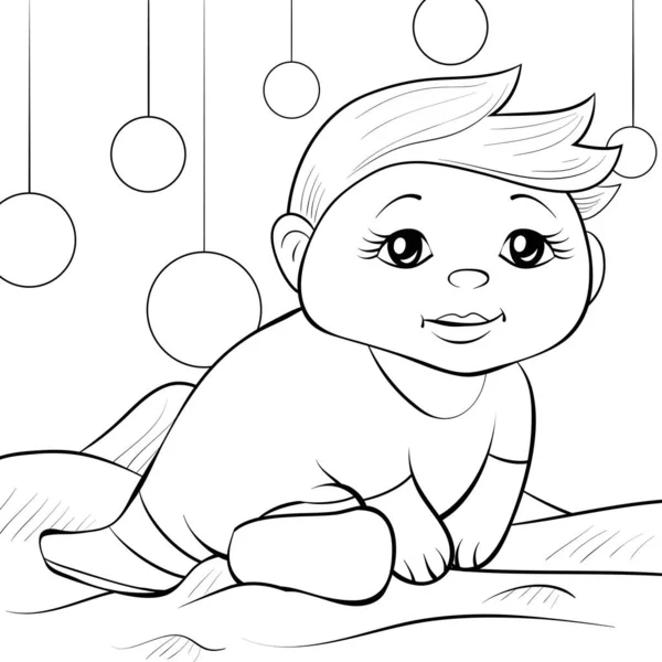 Een Cartoon Schattige Baby Het Bed Met Ballen Afbeelding Voor — Stockvector