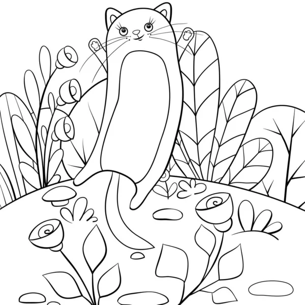 Een Cartoon Springende Kat Het Natuurlandschap Met Bomen Struiken Bloemen — Stockvector