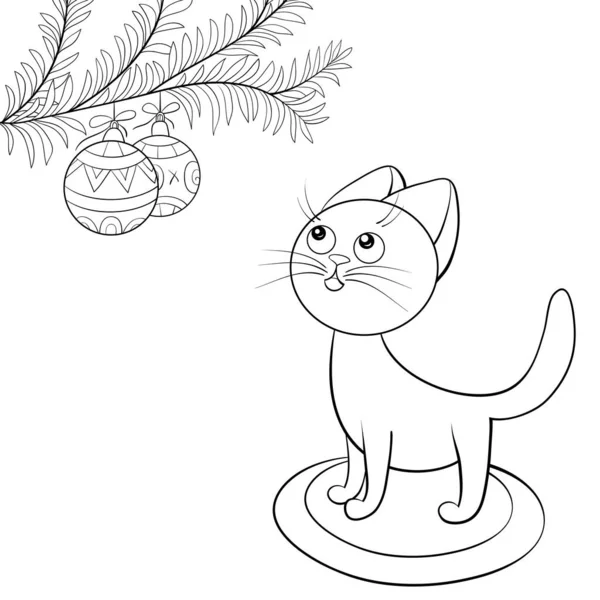 Ein Cartoon Niedliche Katze Mit Einem Neujahrsbrunch Von Tanne Mit — Stockvektor