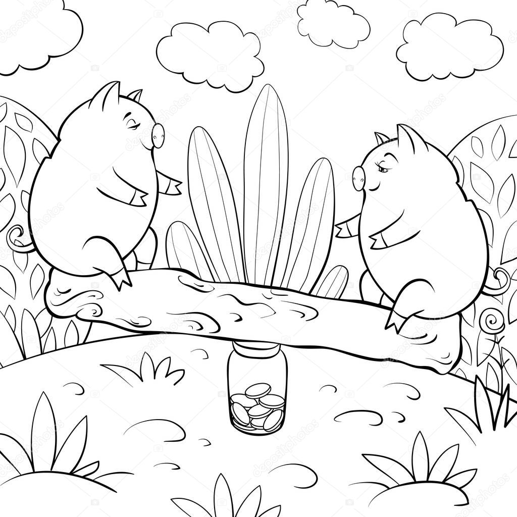 Two playing cute pigs on the nature landscape with trees,grass and bushes image for relaxing activity.A coloring book,page for children,black and white image.