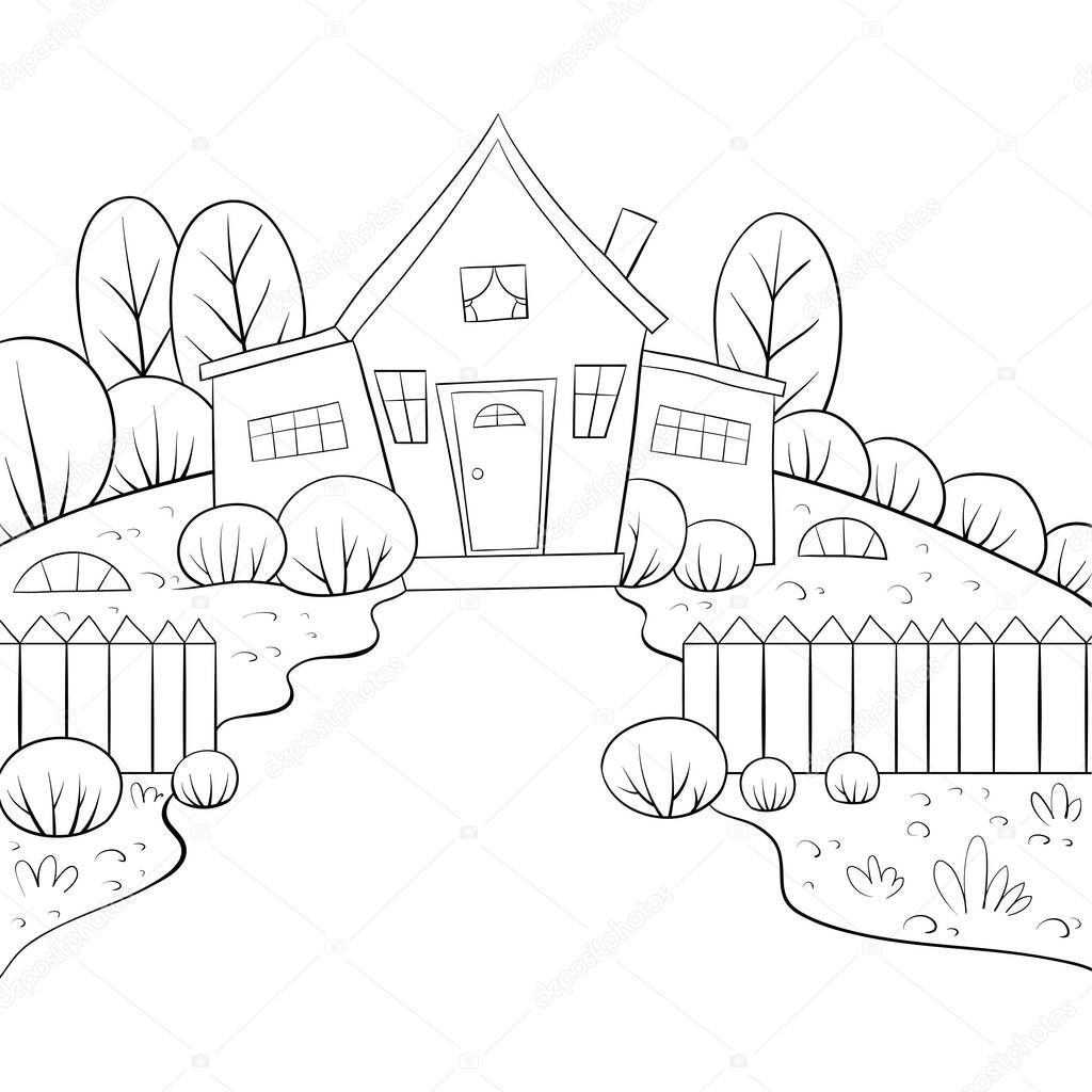 A nature landscape with house and fence image for relaxing activity,a coloring book,page for adults and children.Black and white image for print,poster design.