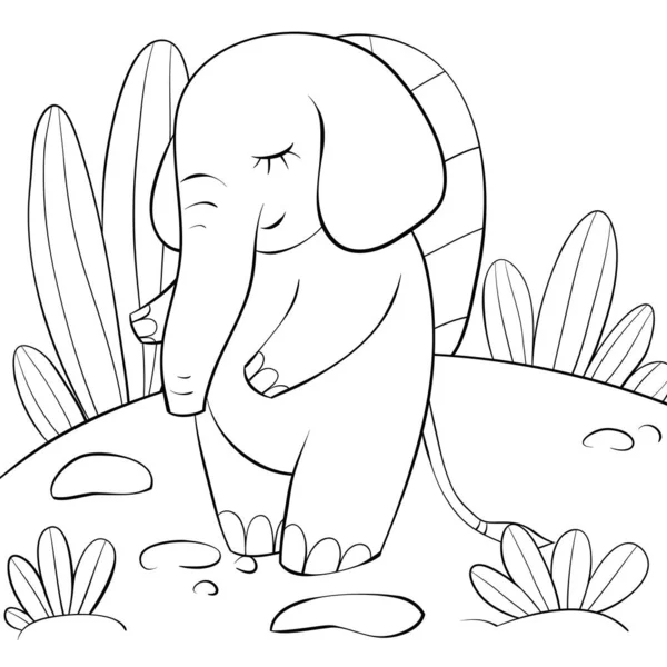 一只可爱的大象在自然风景画上 用来放松自己的活动 一本彩色的书 儿童读物 黑白照片 — 图库矢量图片