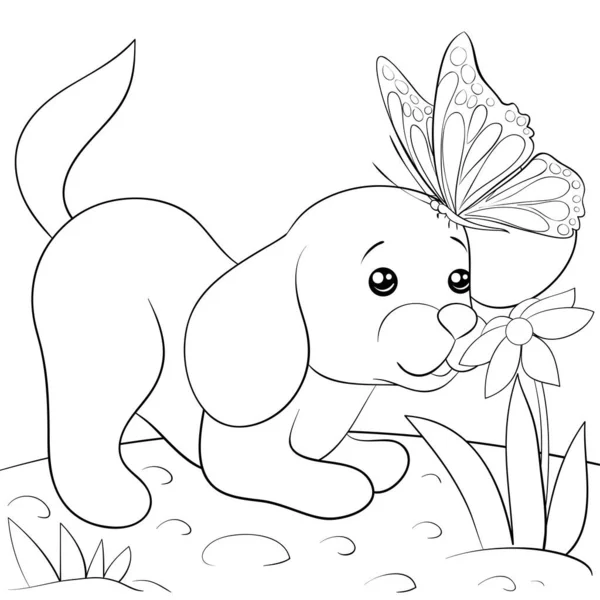 Cartoon Dog Smells Flower Butterfly Head Nature Landscape Image Relaxing — Stock Vector