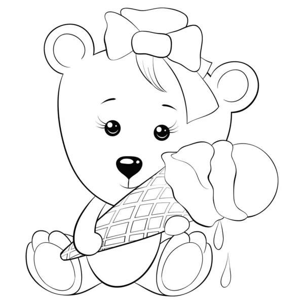 リラックスしたアクティビティのためのアイスクリームイメージの漫画かわいいクマ ぬり絵 子供のためのページ 黒と白の画像 — ストックベクタ