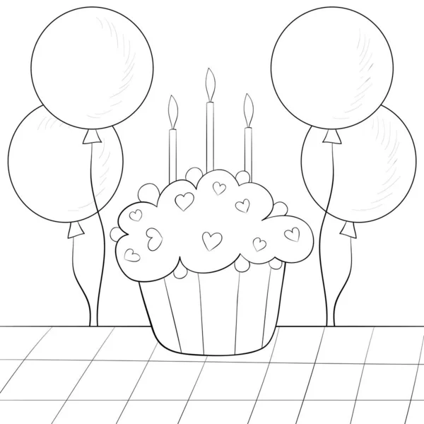 Saboroso Cupcake Com Velas Balões Imagem Para Relaxar Activity Livro — Vetor de Stock