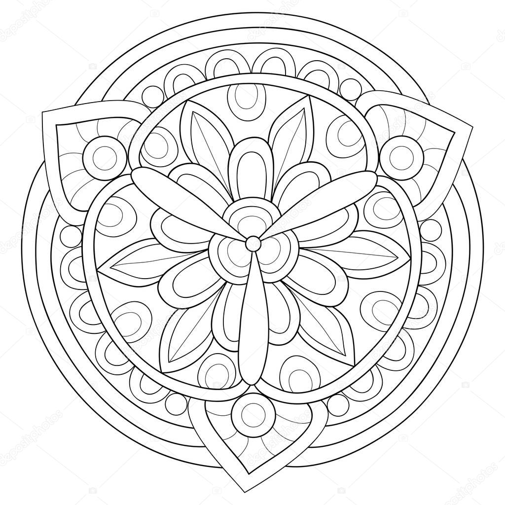 A black and white zen mandala image for adults,line art style illustration for relaxing activity.Poster design for print.