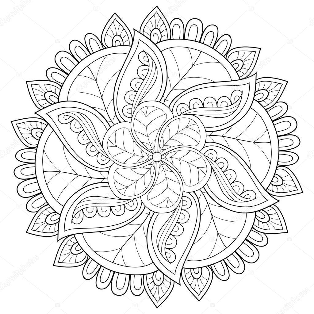 A black and white zen mandala image for adults,line art style illustration for relaxing activity.Poster design for print.