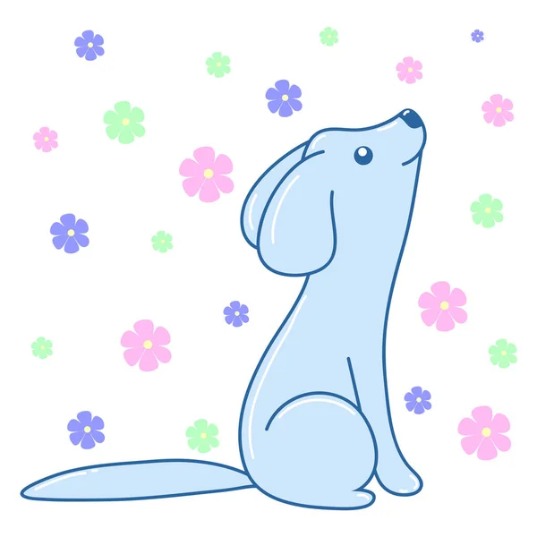Kawaii Pies Kwiatowym Tle Obraz Druku Projekt Ikony — Wektor stockowy