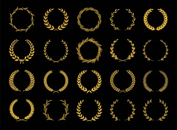 Collectie van verschillende gouden silhouet circulaire laurier foliate, olijf, tarwe en eiken kransen beeltenis van een Award, prestatie, heraldiek, adel. Vector illustratie. — Stockvector