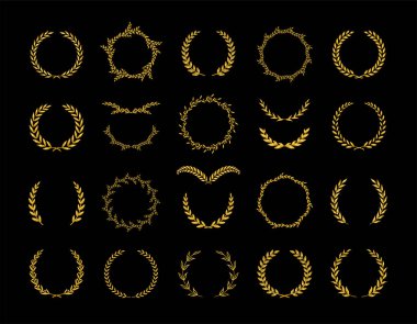 Bir ödül, başarı, habercilik, asalet, amblem ve logoyu tasvir eden farklı altın siluet defne yaprakları ve zeytin çelenkleri. Vektör illüstrasyonu.