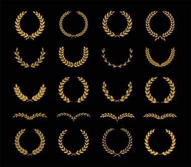 Otuz farklı altın siluet defne yaprağı, meşe ağacı ve zeytin çelenkleri bir ödül, başarı, habercilik, asalet, amblem, logo tasvir ediyor. Vektör illüstrasyonu.