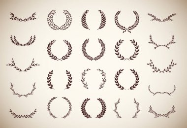Farklı vintage siluet defne yaprakları, zeytin ve buğday çelenkleri koleksiyonu bir ödülü, başarıyı, her şeyi, asaleti, amblemi, logoyu tasvir ediyor. Vektör illüstrasyonu.