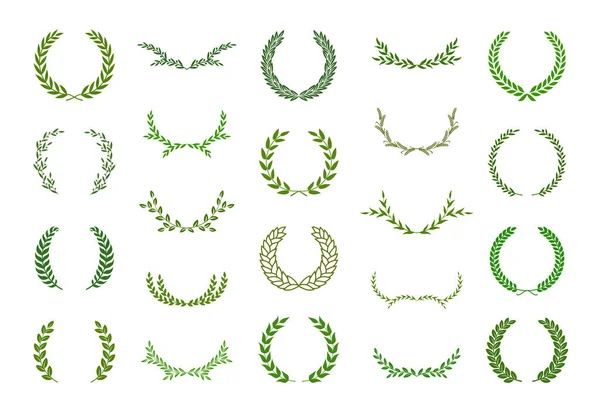 一套绿色的月桂树叶 橄榄和小麦花环 饰物设计 奖品花环 成就感 标志的矢量图解 — 图库矢量图片