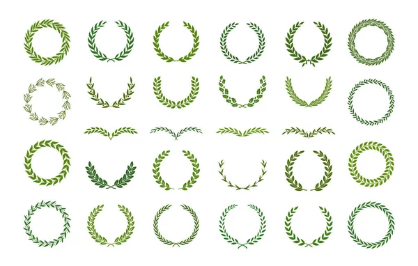 緑のシルエットの月桂樹の葉 オリーブとオークの花輪のセット あなたのフレーム 境界線 装飾デザイン ロゴを描いた花輪のためのベクトルイラスト — ストックベクタ