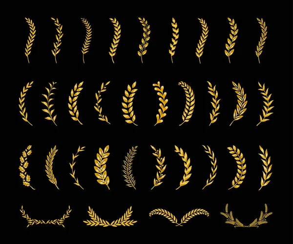 一套三十三个不同的黄金轮廓的树枝与月桂树 橡木和橄榄叶 装饰品设计 奖品花环 成就感 高贵感 标志的矢量图解 — 图库矢量图片