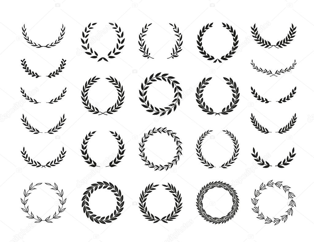 Set of different black and white silhouette round laurel foliate and olive wreaths depicting an award, achievement, heraldry, nobility, emblem. Vector illustration.