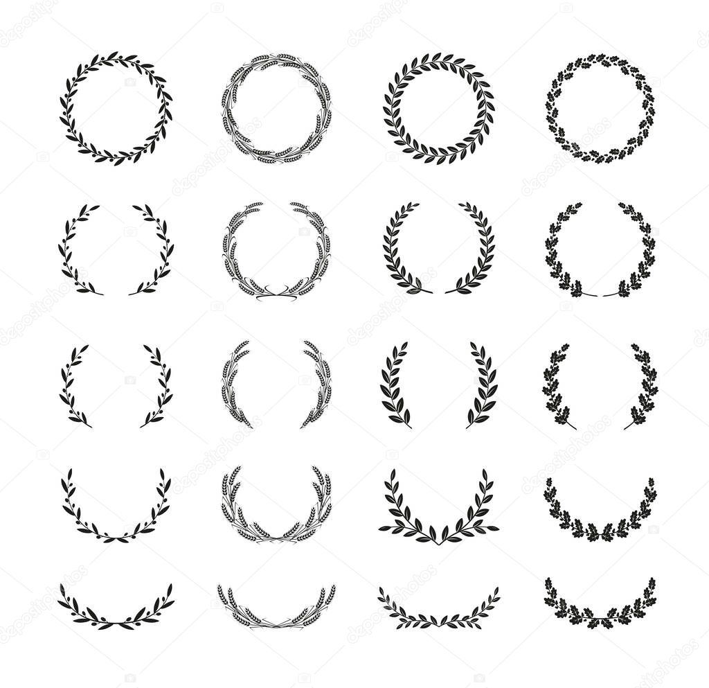 Set of different black and white silhouette round laurel foliate, wheat, oak and olive wreaths depicting an award, achievement, heraldry, nobility, emblem. Vector illustration.