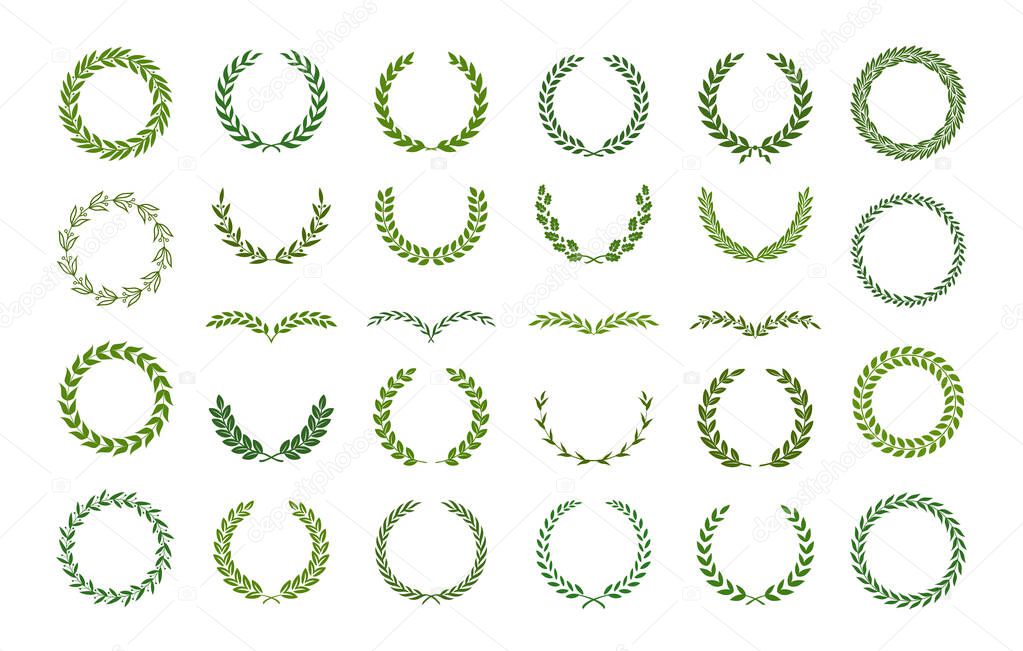 Set of green silhouette laurel foliate, olive and oak wreaths. Vector illustration for your frame, border, ornament design, wreaths depicting an award, achievement, heraldry, emblem, logo.