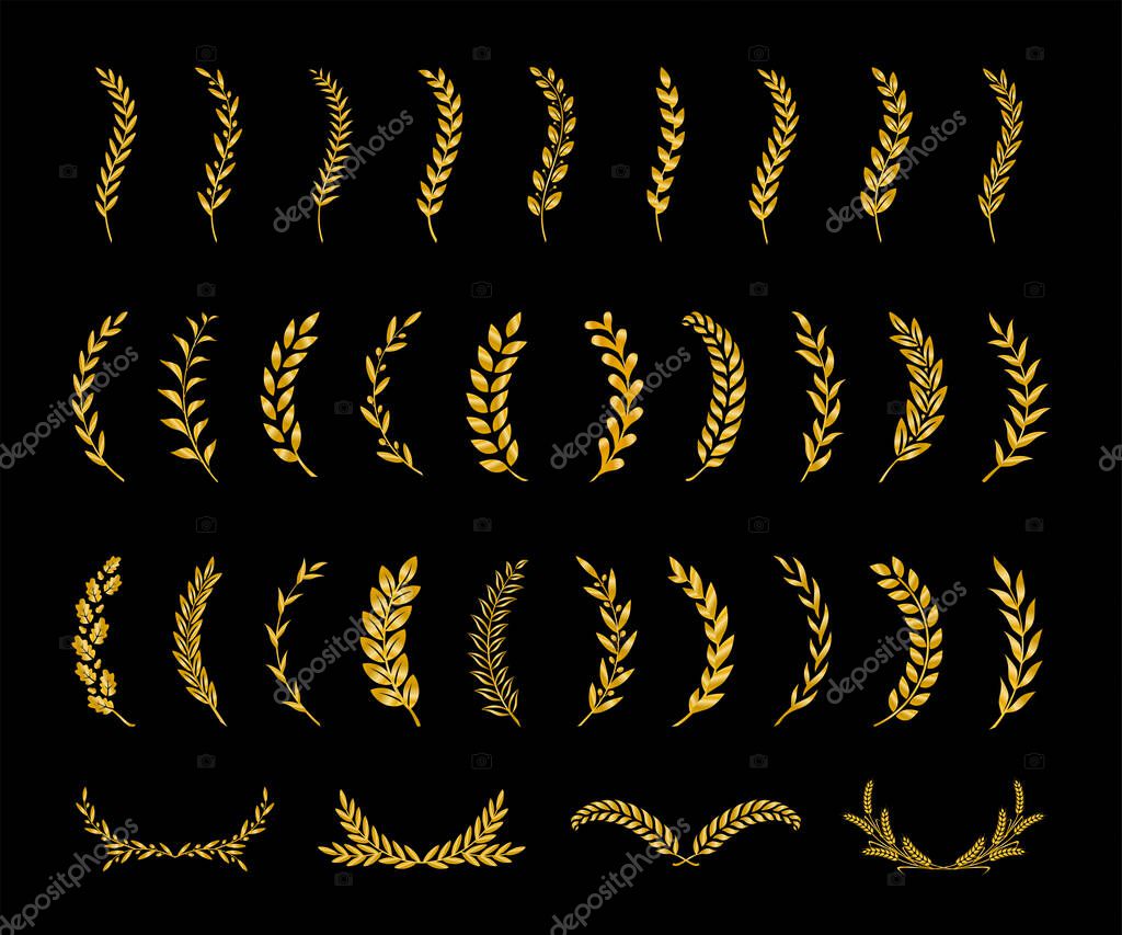Set of thirty-three different gold silhouette tree branches with laurel, oak and olive foliate. Vector illustration for your frame, border, ornament design, wreaths depicting an award, achievement, heraldry, nobility, emblem, logo.