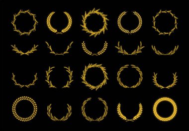 Buğdaydan altın çelenkler. Ödül, arma, logo, marka, madalya ve etiket için tasarım unsuru. Siyah arka planda altın bir siluet. Vektör illüstrasyonu