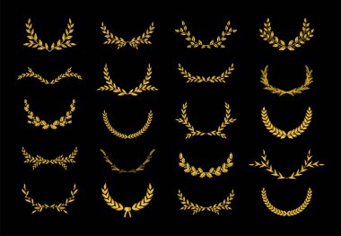 Farklı altın siluet defne yaprakları, buğday, meşe ve zeytin çelenkleri koleksiyonu bir ödül, başarı, habercilik, asalet, oyun devi tasvir ediyor. Vektör illüstrasyonu.