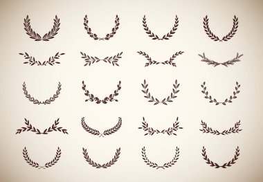 Farklı vintage siluet defne yaprakları, buğday, meşe ve zeytin çelenkleri koleksiyonu bir ödül, başarı, habercilik, asalet, oyun devi tasvir ediyor. Vektör illüstrasyonu.