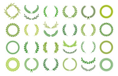 Set of green silhouette laurel foliate, wheat and olive wreaths depicting an award, achievement, heraldry, nobility, logo, emblem, decor. Vector illustration. clipart