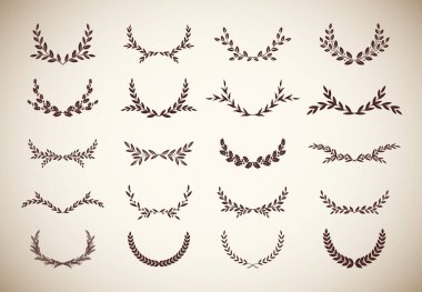 Bir ödül, başarı, habercilik ve asaletin resmedildiği çeşitli vintage siluet yuvarlak defne yaprakları, zeytin ve meşe çelenkleri. Vektör illüstrasyonu.