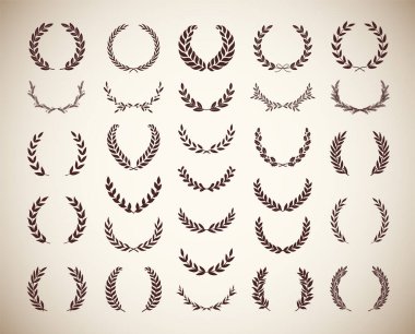 Collection of different vintage silhouette laurel foliate, wheat, oak and olive wreaths depicting an award, achievement, heraldry, nobility, emblem, logo. Vector illustration. clipart