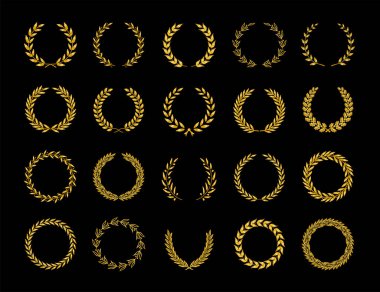 Altın renkli defne yaprakları, meşe yaprakları ve zeytin çelenkleri bir ödülü, başarıyı, serefsizliği, asaleti, oyun devini tasvir ediyor. Vektör illüstrasyonu.