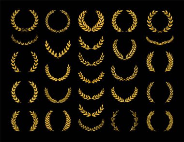 Bir ödül, başarı, habercilik, asalet ve oyun devini tasvir eden farklı altın siluet defne yaprakları ve zeytin çelenkleri. Vektör illüstrasyonu.