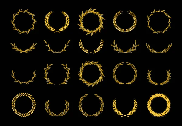 Buğdaydan altın çelenkler. Ödül, arma, logo, marka, madalya ve etiket için tasarım unsuru. Siyah arka planda altın bir siluet. Vektör illüstrasyonu